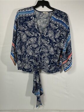 Hummingbird Navy Paisley Tie-Front Blouse with Blue and Red Trim